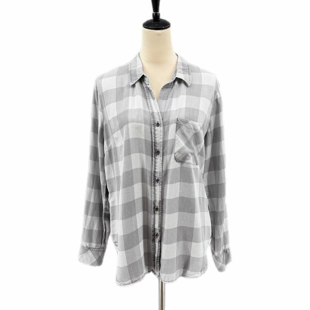 Billy T Gray Plaid Button Up Long Sleeve Collared Lightweight Soft Fall Blouse